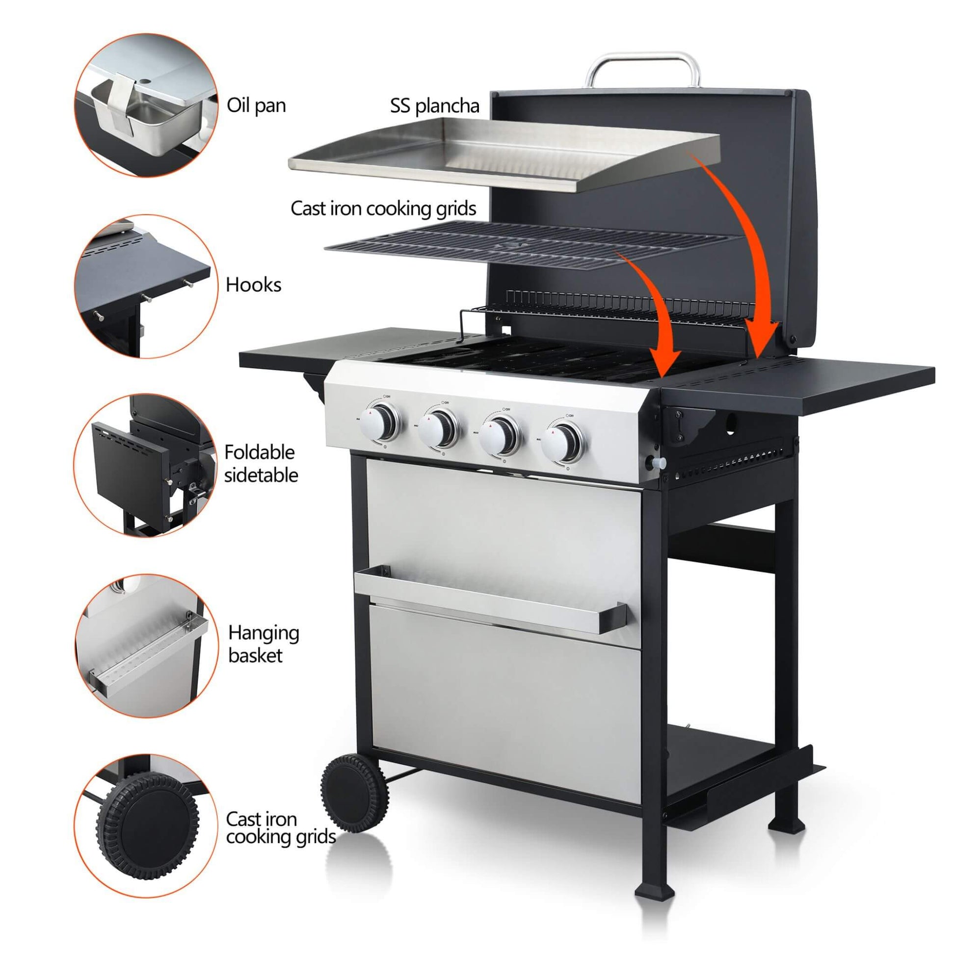 Premium Outdoor 4-Burner Propane BBQ Grill with Side Tables