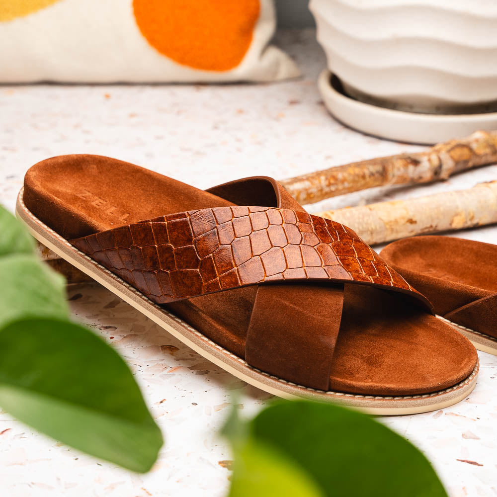 RENA Italian Goatskin Suede Croc Embossed Slide Cognac