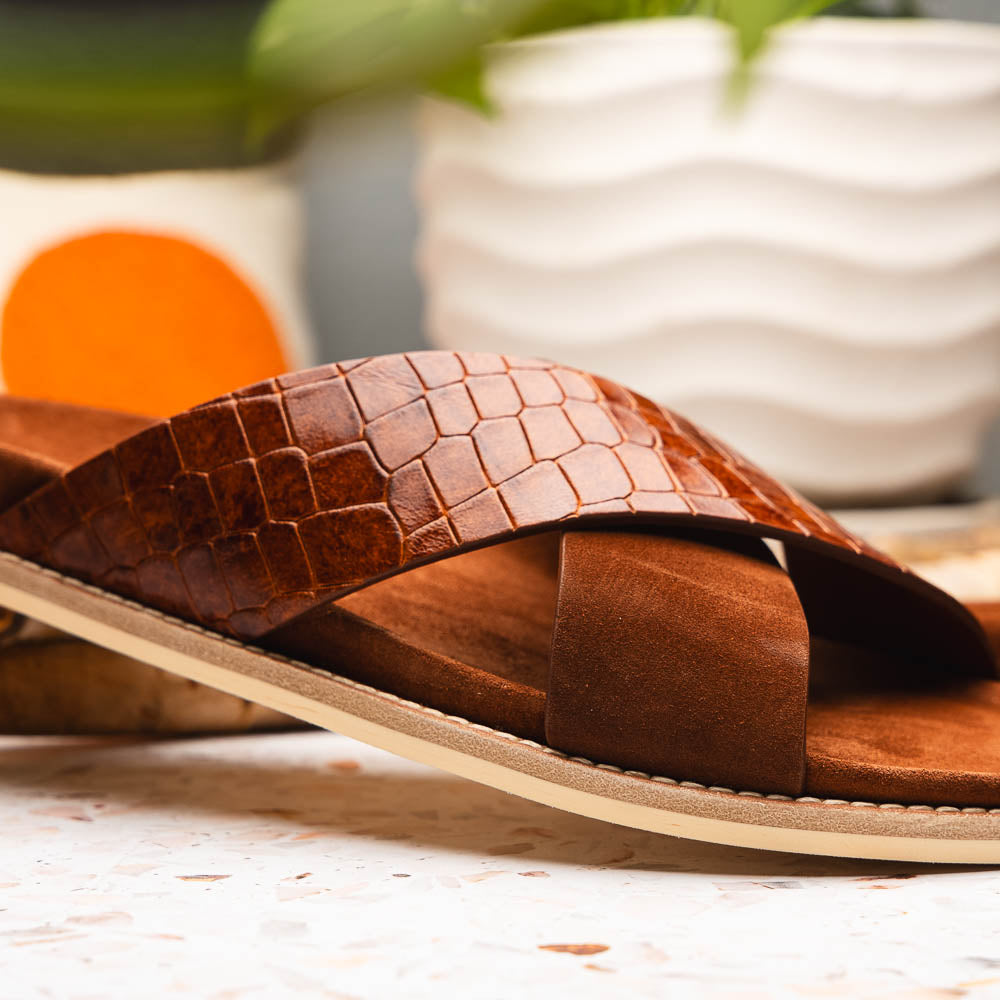 RENA Italian Goatskin Suede Croc Embossed Slide Cognac