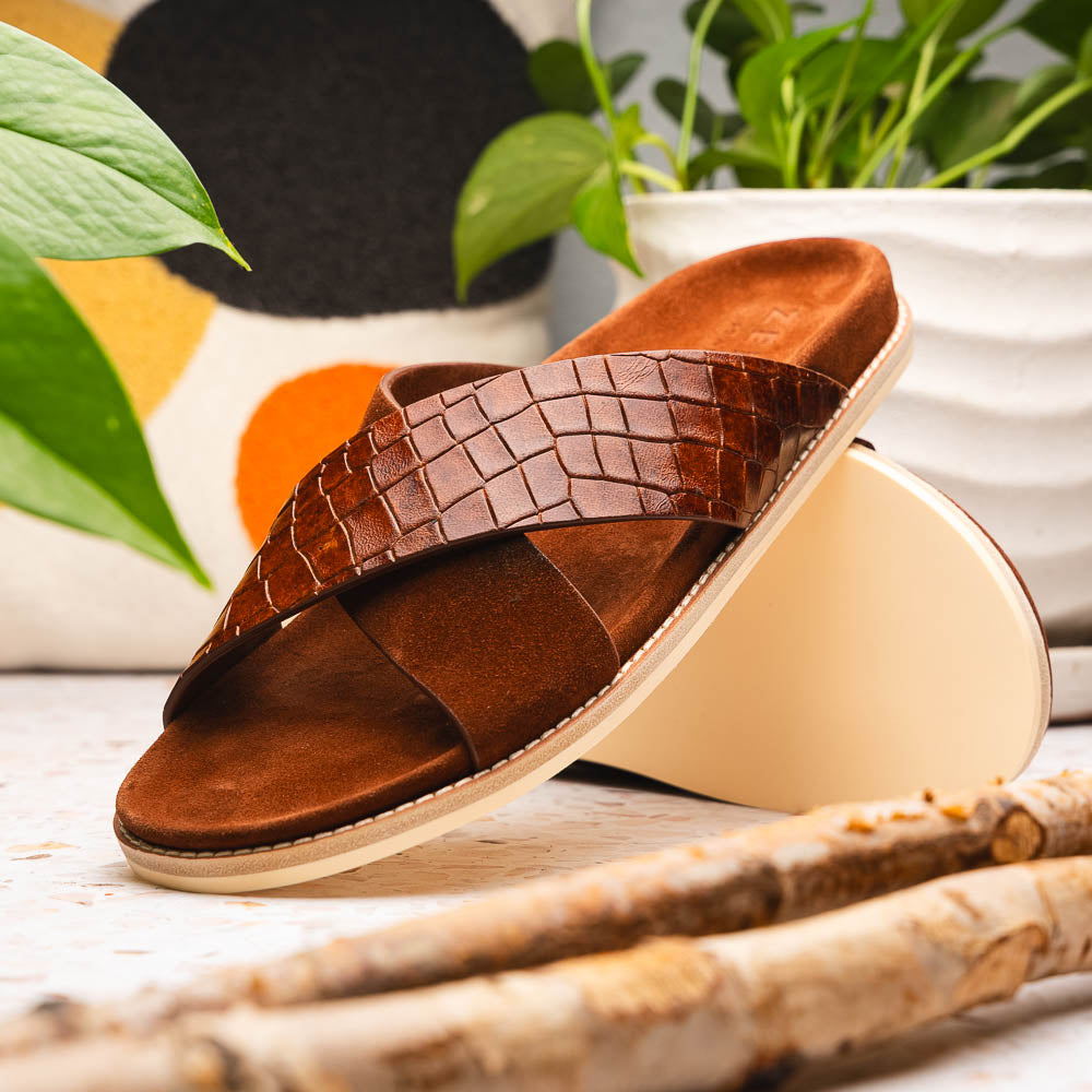 RENA Italian Goatskin Suede Croc Embossed Slide Cognac