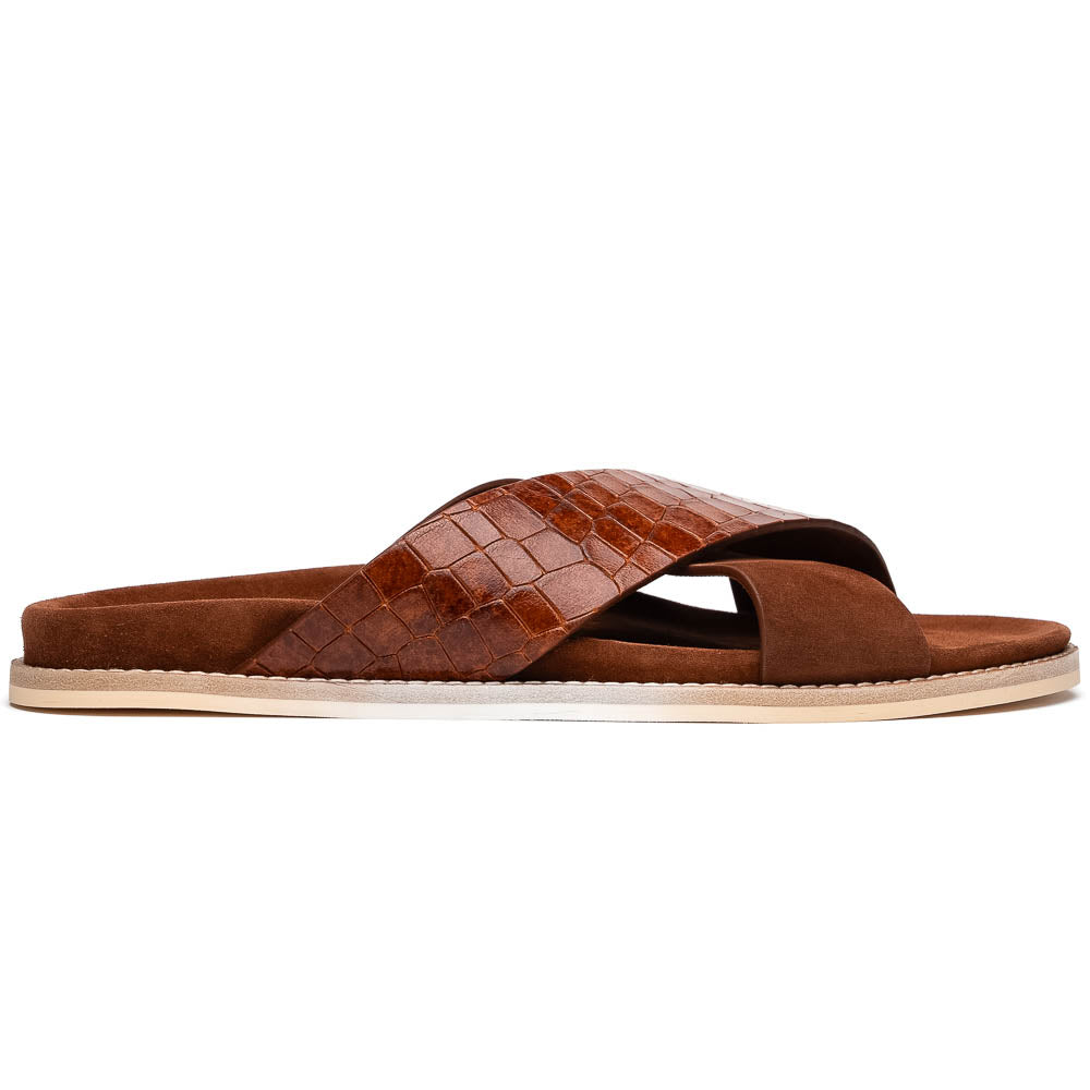RENA Italian Goatskin Suede Croc Embossed Slide Cognac