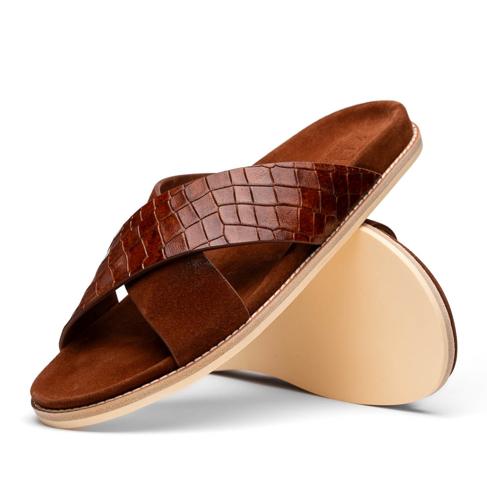 RENA Italian Goatskin Suede Croc Embossed Slide Cognac