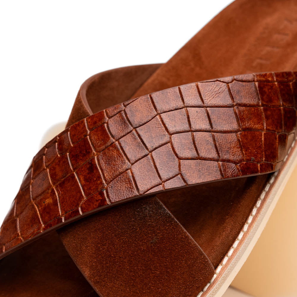 RENA Italian Goatskin Suede Croc Embossed Slide Cognac