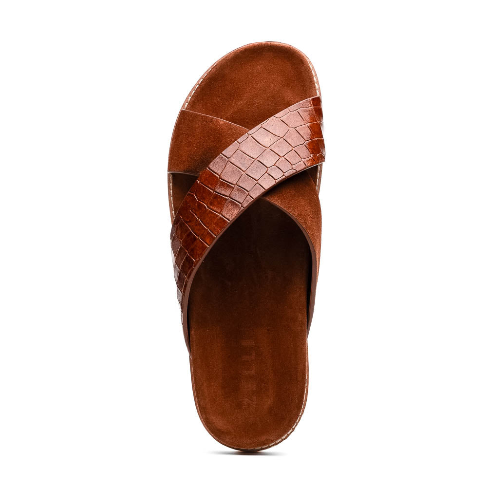 RENA Italian Goatskin Suede Croc Embossed Slide Cognac