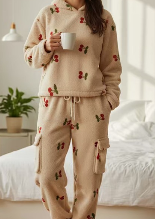 Two piece sherpa cherries sweat set